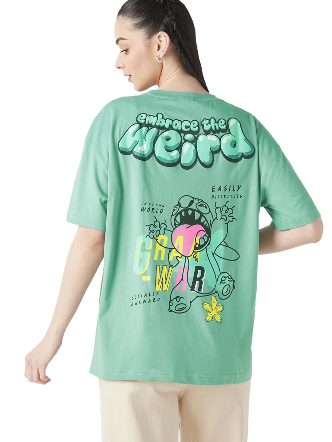 Bewakoof Official Garfield Merchandise Women's Graphic Printed Oversized Fit Half Sleeve Round Neck Cotton Jersey T-Shirt