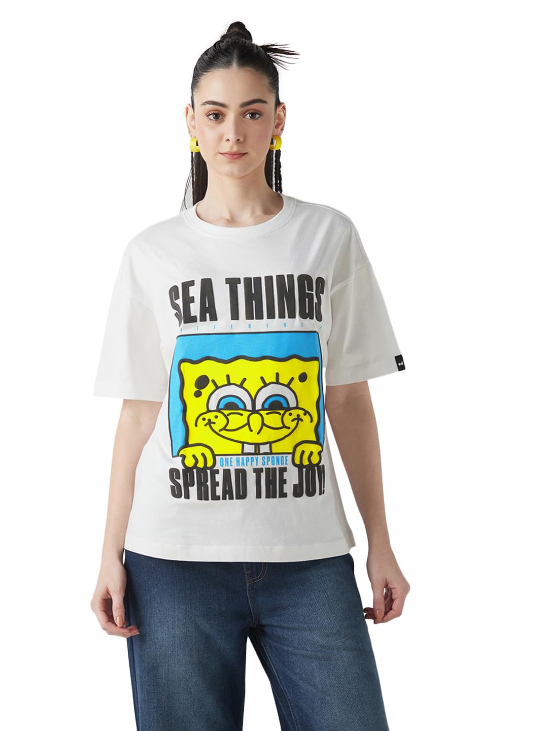 Bewakoof Official Garfield Merchandise Women's Graphic Printed Oversized Fit Half Sleeve Round Neck Cotton Jersey T-Shirt