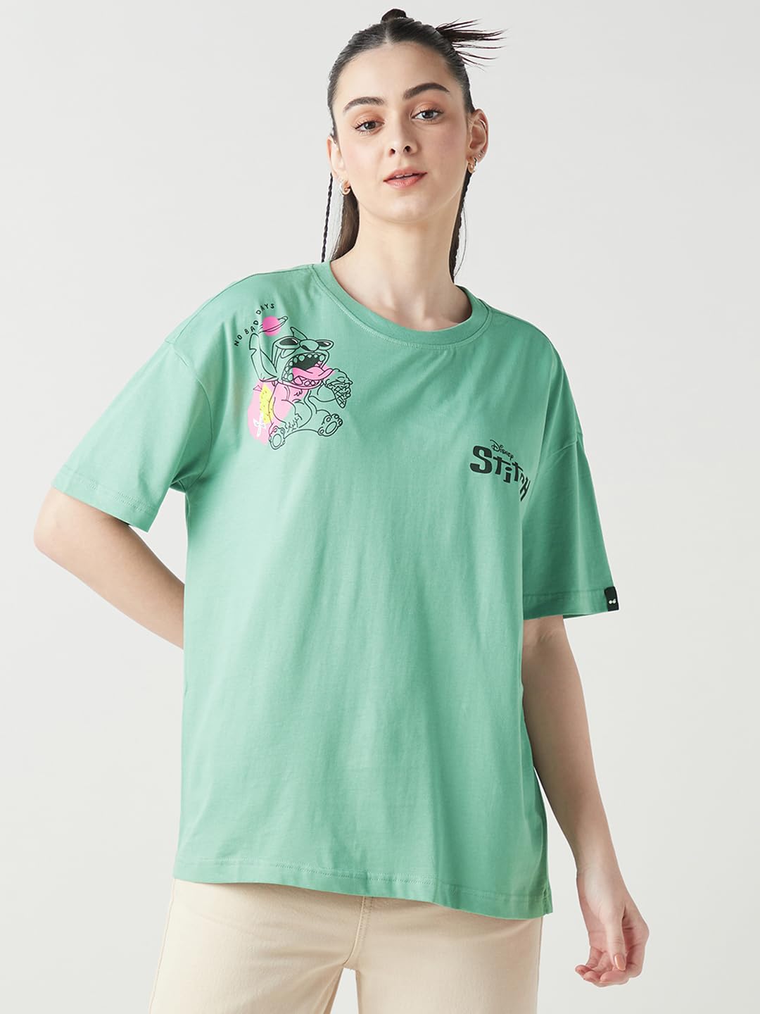 Bewakoof Official Garfield Merchandise Women's Graphic Printed Oversized Fit Half Sleeve Round Neck Cotton Jersey T-Shirt