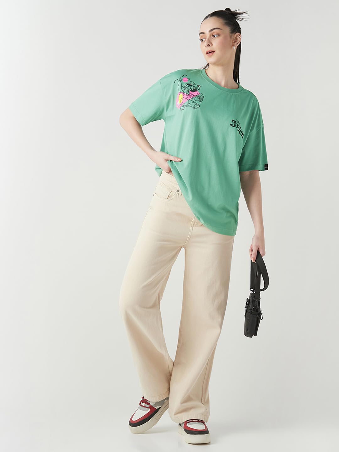 Bewakoof Official Garfield Merchandise Women's Graphic Printed Oversized Fit Half Sleeve Round Neck Cotton Jersey T-Shirt