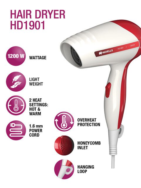 Havells HD1901 Travel Friendly 1200W Hair Dryer - White & Red