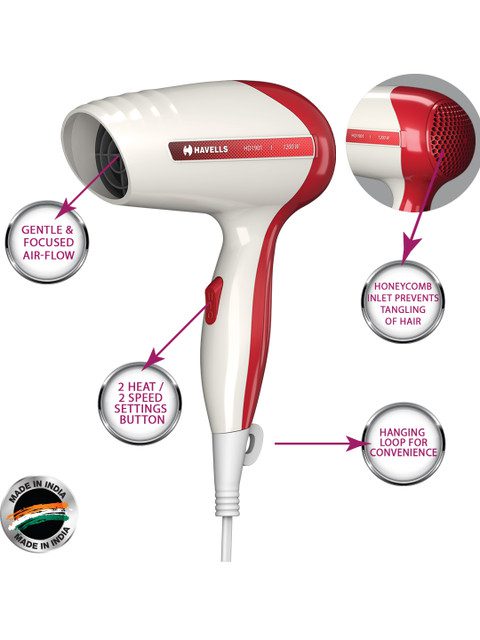 Havells HD1901 Travel Friendly 1200W Hair Dryer - White & Red