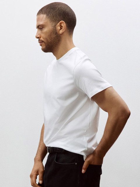 HM Men White Solid Cotton Pure Cotton T-shirt Regular Fit