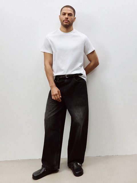 HM Men White Solid Cotton Pure Cotton T-shirt Regular Fit