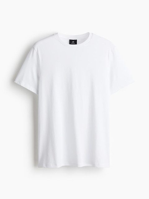 HM Men White Solid Cotton Pure Cotton T-shirt Regular Fit