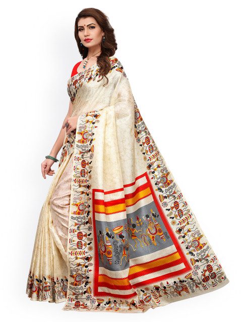 KALINI Off-White Khadi Silk Printed Khadi Saree