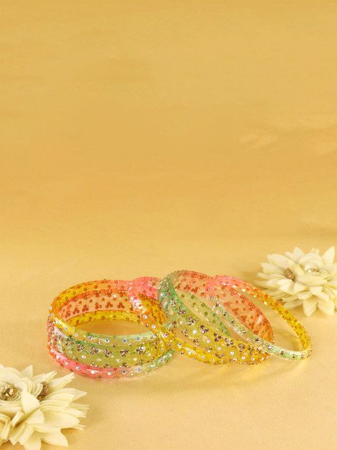 LAVAZZA Set Of 6 Zircon Diamond & Beads Work Glass Bangles