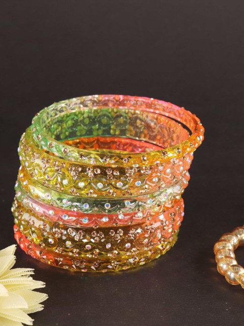 LAVAZZA Set Of 6 Zircon Diamond & Beads Work Glass Bangles