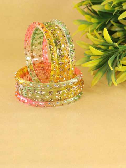 LAVAZZA Set Of 6 Zircon Diamond & Beads Work Glass Bangles