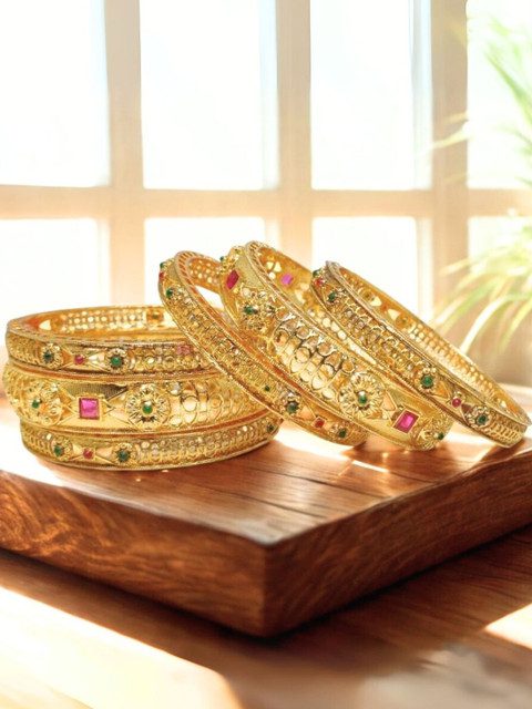 MANKAIROOP Women Pack of 6 Brass High Gold Bangles with Ruby & Green Stones