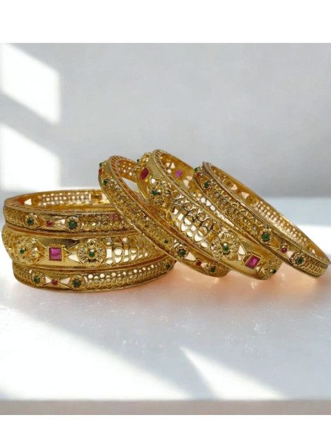 MANKAIROOP Women Pack of 6 Brass High Gold Bangles with Ruby & Green Stones