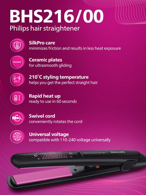 Philips Hair Straightener BHS216/00 with Ceramic Plates - Black & Pink