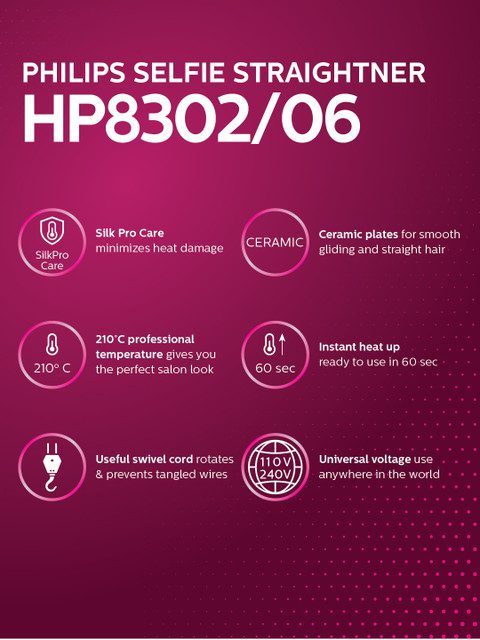 Philips HP8302/06 Selfie SilkPro Care Hair Straightener with Ceramic Plates- Black