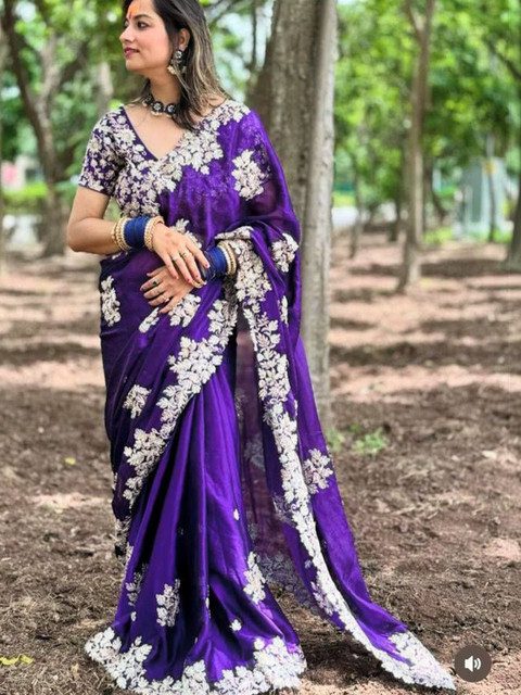 ROFOLO Embellished Embroidered Art Silk Heavy Work Saree