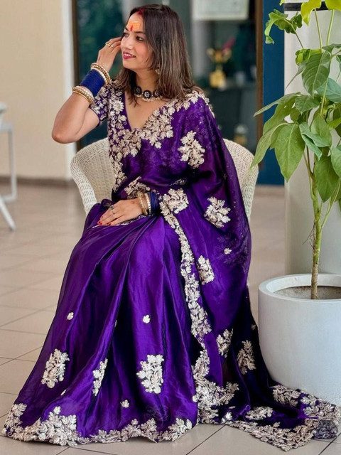 ROFOLO Embellished Embroidered Art Silk Heavy Work Saree