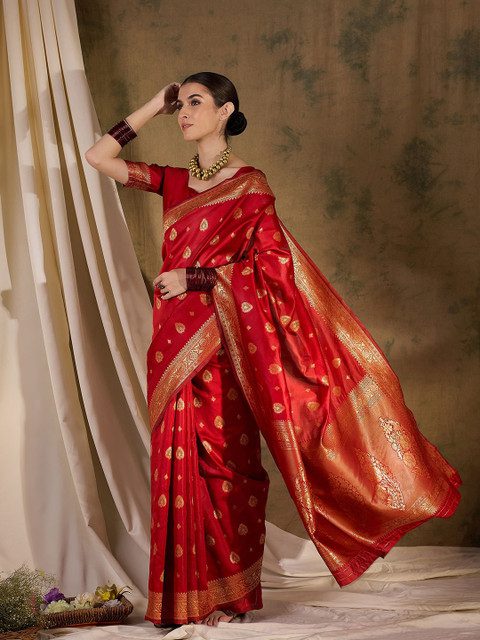 Sangria Ethnic Motif Zari Woven Banarasi Saree With Blouse