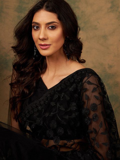 Sangria Floral Embroidered Net Saree