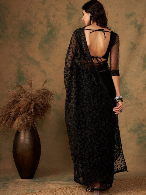 Sangria Floral Embroidered Net Saree