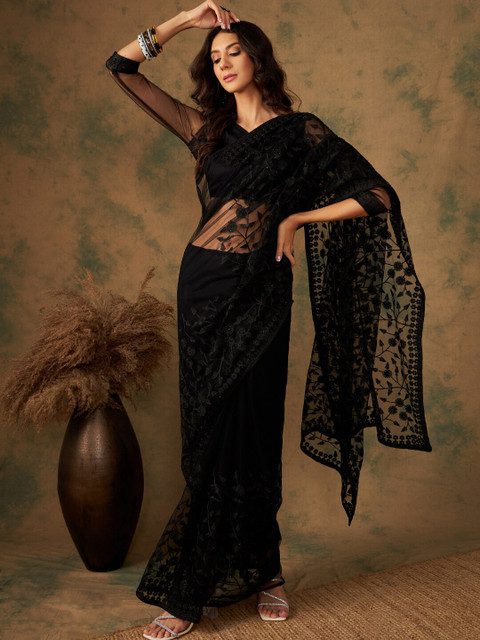 Sangria Floral Embroidered Net Saree
