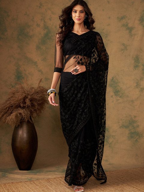 Sangria Floral Embroidered Net Saree