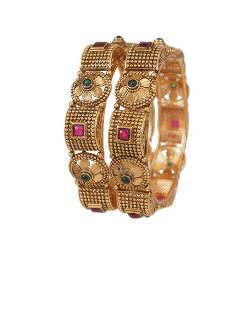 SGA FASHION Set Of 2 Gold-Plated AD Studded Antique Bangles