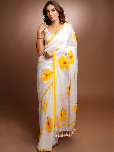 SILKWEAR Floral Linen Blend Designer Saree