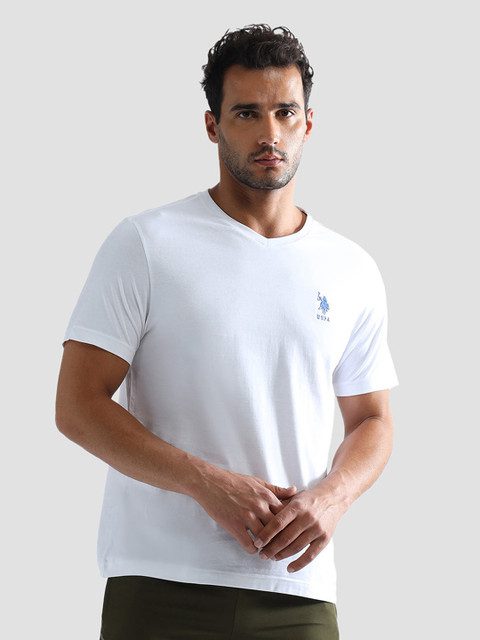 U.S. Polo Assn. Men White Solid V-Neck T-shirt
