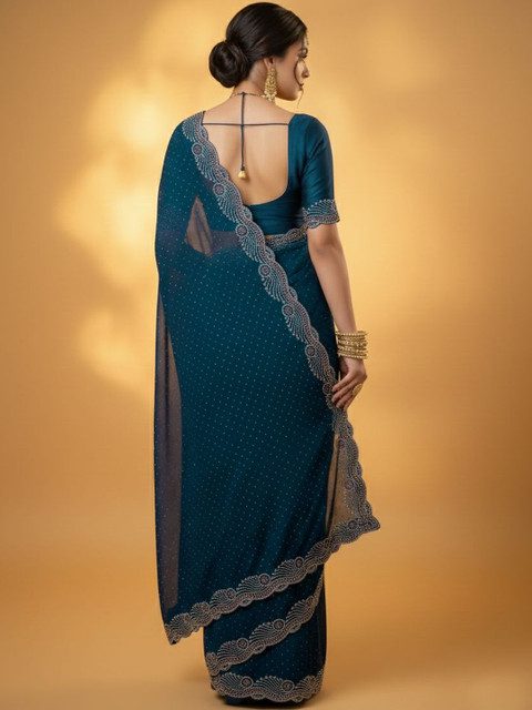 VEMEZ Embellished Sequinned Silk Blend Heavy Work Saree