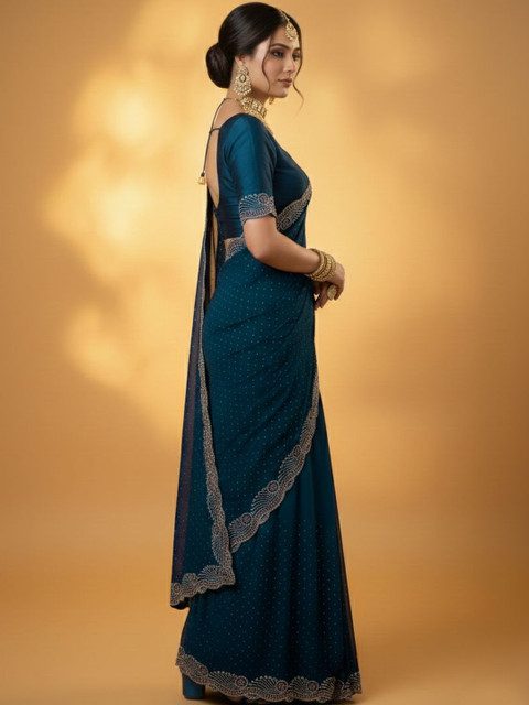 VEMEZ Embellished Sequinned Silk Blend Heavy Work Saree