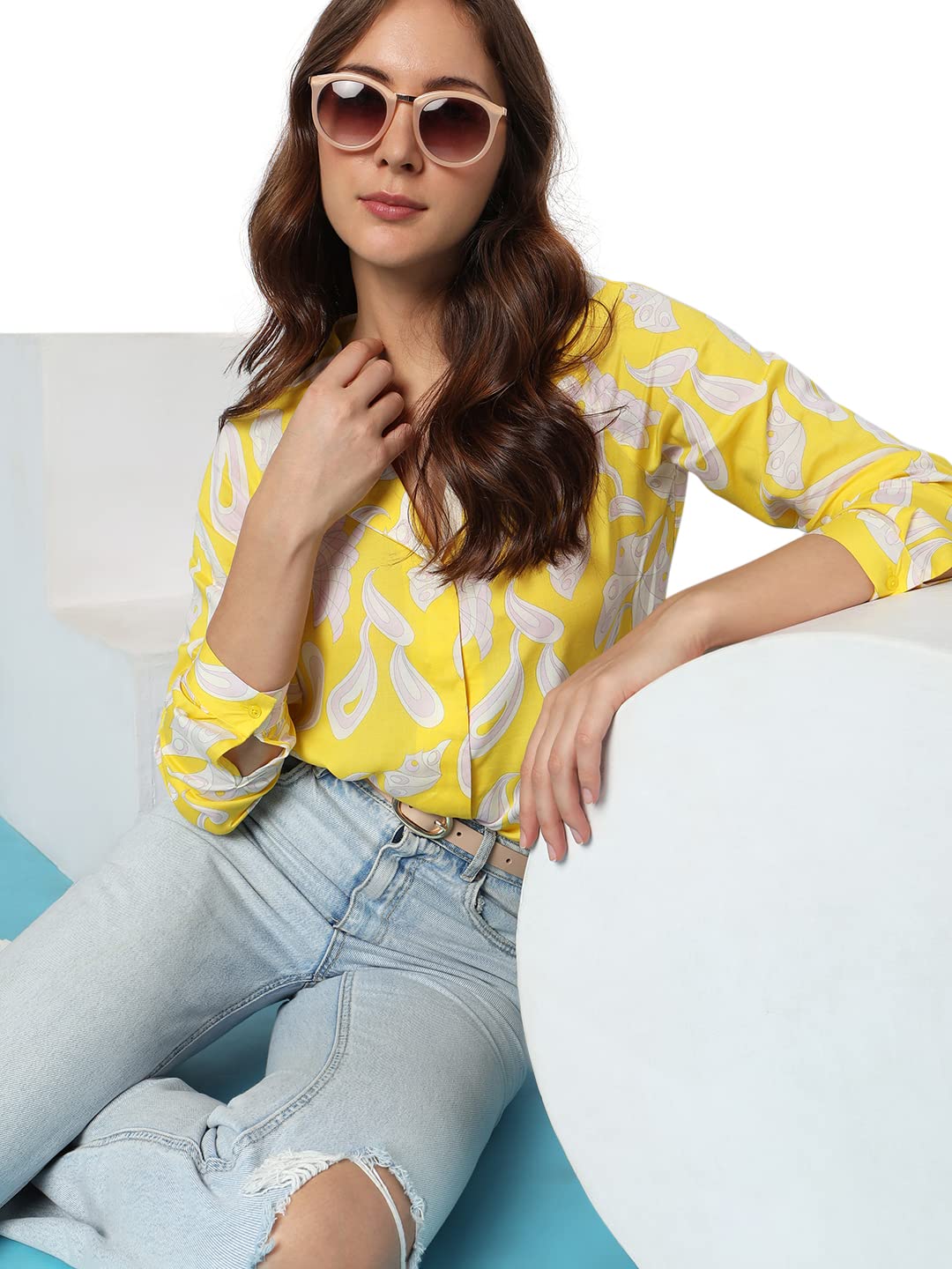 VERO MODA Women Polyester Regular Fit Printed V-Neck Top|Long Sleeves