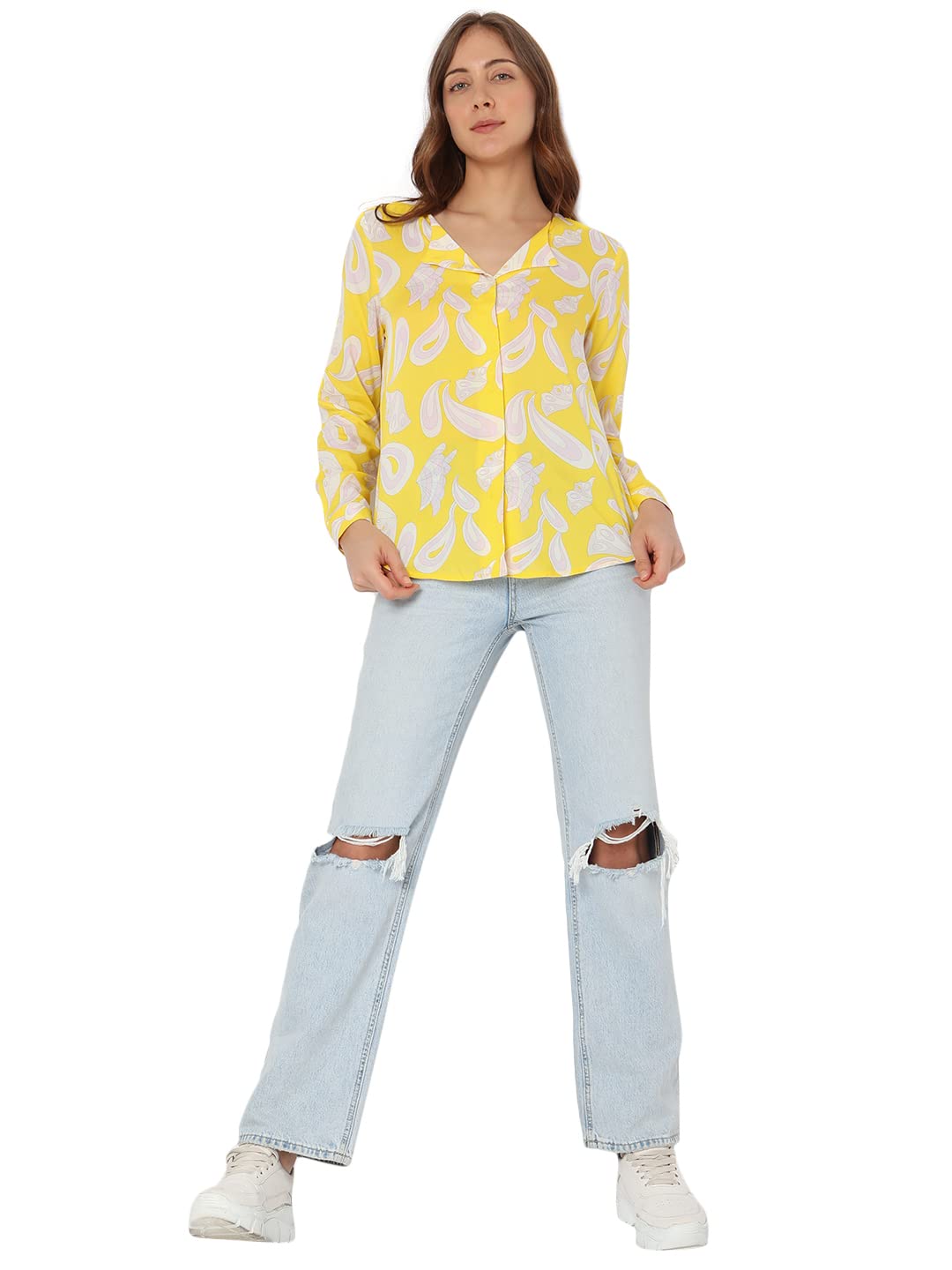 VERO MODA Women Polyester Regular Fit Printed V-Neck Top|Long Sleeves