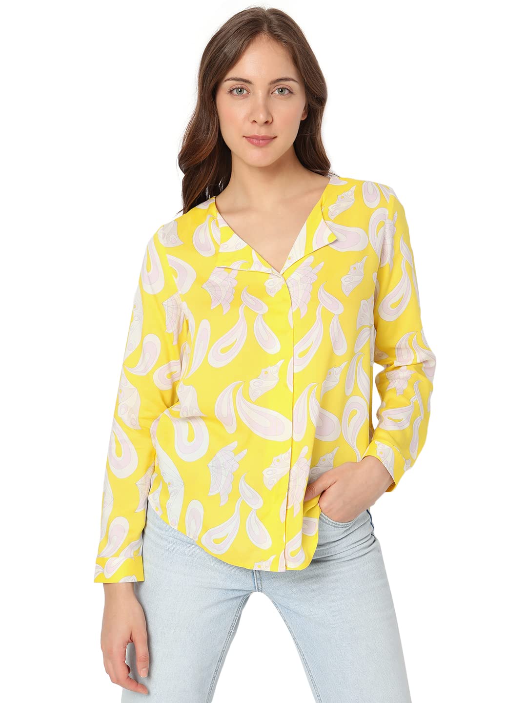 VERO MODA Women Polyester Regular Fit Printed V-Neck Top|Long Sleeves