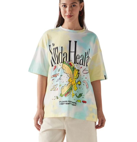 Bewakoof Official Garfield Merchandise Women's Graphic Printed Oversized Fit Half Sleeve Round Neck Cotton Jersey T-Shirt