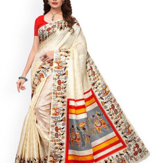 KALINI Off-White Khadi Silk Printed Khadi Saree