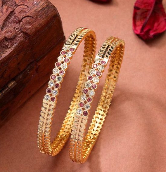 NVR Women Set of 2 Gold-Plated Cubic Zirconia Stone Studded Bangles