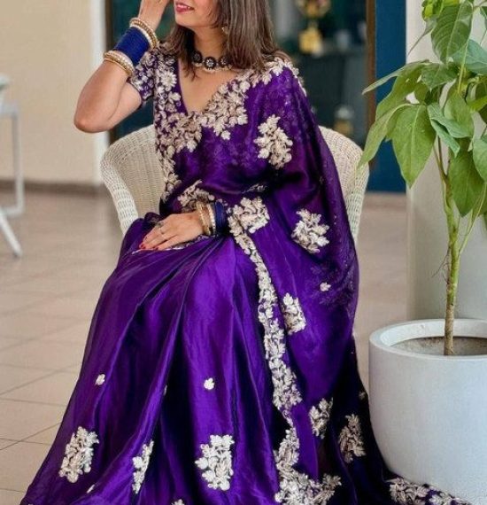 ROFOLO Embellished Embroidered Art Silk Heavy Work Saree