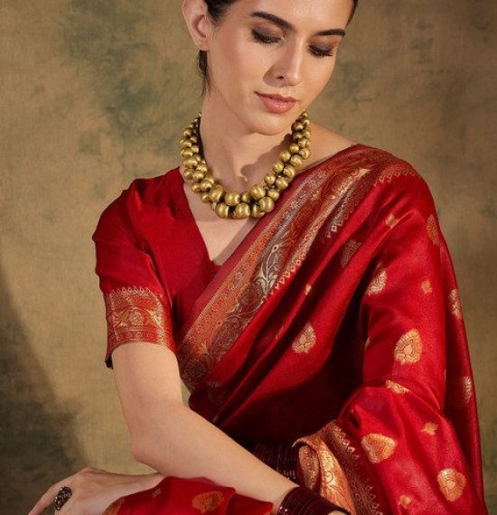 Sangria Ethnic Motif Zari Woven Banarasi Saree With Blouse