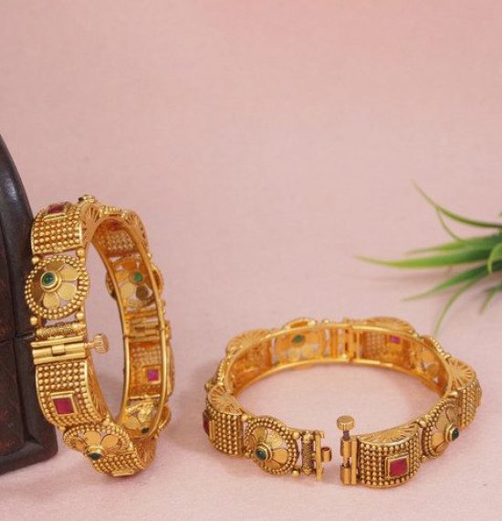 SGA FASHION Set Of 2 Gold-Plated AD Studded Antique Bangles